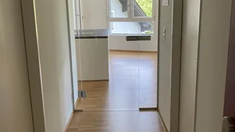 Heller Flur mit Holzfußboden und moderner Glastür, die in den offenen Wohnbereich führt.
