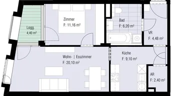 Grundriss einer Wohnung mit Wohn-Esszimmer, Küche, Schlafzimmer, Bad und Loggia.