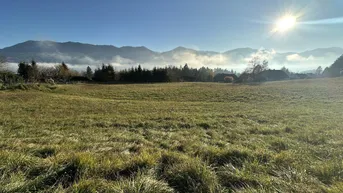 Weitläufiges grünes Feld mit majestätischen Bergen im Hintergrund und strahlendem Sonnenschein.