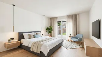 Modernes Schlafzimmer mit Holzboden, großem Bett und direktem Zugang zum Gartenbereich.