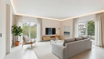 Helles, modern eingerichtetes Wohnzimmer mit bequemer Couch, TV und Zugang zu einem Balkon.
