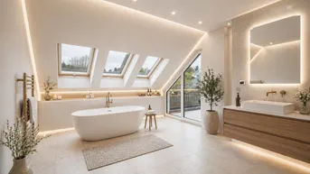 Modernes Badezimmer im Dachgeschoss mit freistehender Badewanne, Dachfenstern und indirekter Beleuchtung.
