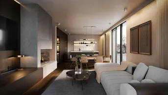 Offener Wohnbereich mit Kamin, Essbereich und moderner Küche, ideal für geselliges Beisammensein.