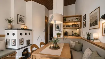 Gemütliche Küche mit Essbereich, traditionellem Kachelofen und Holzdecke in alpinem Stil.