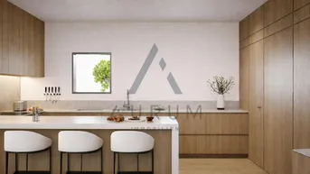 Moderne Holzküche mit integrierten Geräten, Kücheninsel und minimalistischem Design für gehobene Ansprüche.
