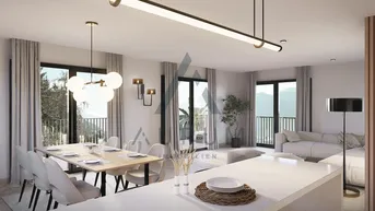 Heller, offener Wohn- und Essbereich mit moderner Einrichtung, Kücheninsel und Zugang zum Balkon mit Bergblick.