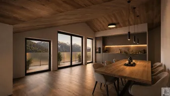 Moderner Wohn-Essbereich mit offener Küche, Holzboden und atemberaubendem Bergblick.