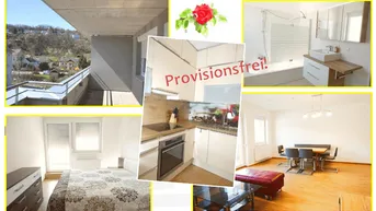 Kombination aus Innen- und Aussenansichten der Immobilie mit Küche, Bad, Schlafzimmer und Balkon.