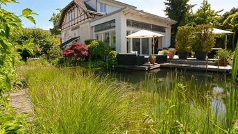 Großzügiger Gartenbereich mit Teich und Holzdeck, umgeben von üppiger Vegetation und dem Haus.