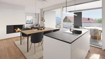 Heller offener Wohn-Essbereich mit moderner Küche, Kamin und Zugang zu einem Balkon mit Bergblick.