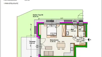 Expose Blumengasse - 1 Zimmer Wohnung | Garten &amp; Terrasse | Neubau - Erstbezug | Klimaanlage | Einbauküche | zzgl. Tiefgaragenstellplatz | Top C6