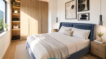 Modernes Schlafzimmer mit großem Bett, Einbauschränken und Blick auf die Berge.