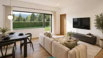 Helles Wohn- und Esszimmer mit modernem Design, Holzboden und weitem Blick ins Grüne.