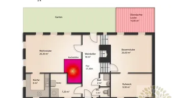 Grundriss des Erdgeschosses mit Wohnstube, Küche, Weinkeller und Gartenbereich.