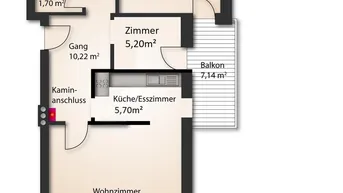 Grundriss der oberen Etage mit Wohnzimmer, Küche, Bad und Balkon.