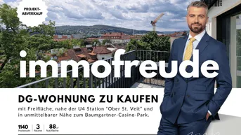 Expose Zum Verkauf steht eine 3 Zimmer Dachgeschosswohnung ohne Dachschrägen mit Fernblick und Terrasse, in Wien Penzing, nahe der U4 Station “Ober St. Veit” und in unmittelbarer Nähe zum Baumgartner-Casino-Park.