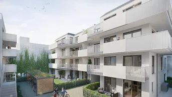 Moderne Wohnanlage mit hellen Fassaden, Balkonen und begrüntem Innenhof mit Sitzbereichen.