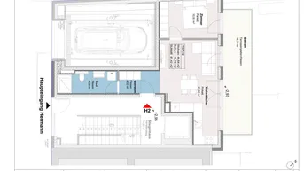 Grundrissplan einer Wohnung mit Wohnküche, Schlafzimmer, Bad und Balkon.