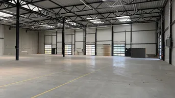 Geräumige, leere Lagerhalle mit hohen Decken, Betonboden und mehreren Rolltoren für den Zugang.
