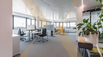 Modernes Großraumbüro mit ergonomischen Arbeitsplätzen, großen Fenstern und dekorativen Pflanzen.