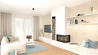 Helles Wohnzimmer mit modernem Kamin, Holzboden und gemütlicher Leseecke.