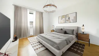Helles Schlafzimmer mit modernem Bett, Parkettboden und Blick nach draußen.