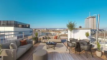 Geräumige Dachterrasse mit modernen Loungemöbeln und weitem Stadtblick.