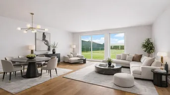 Helles, modernes Wohn- und Esszimmer mit Holzboden und großen Fenstern zum Garten.