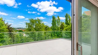 Geräumiger Balkon mit Glasgeländer und weitem Blick ins Grüne unter blauem Himmel.