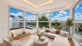 Lichtdurchflutetes Wohnzimmer mit Panoramafenstern, moderner Einrichtung und weitem Ausblick.