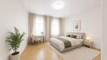 Helles Schlafzimmer mit Holzboden, großem Bett und einem kleinen Schreibtisch am Fenster.