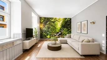 Modern eingerichtetes Wohnzimmer mit Sofa, Couchtisch und einer dekorativen Wald-Wandtapete.