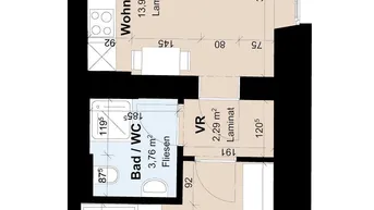 Grundriss einer kompakten Wohnung mit Wohnküche, einem Schlafzimmer und Badezimmer.