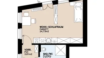 Grundriss einer kompakten Wohnung mit offenem Wohn-Schlafbereich, integrierter Kochnische, Bad und Balkon.