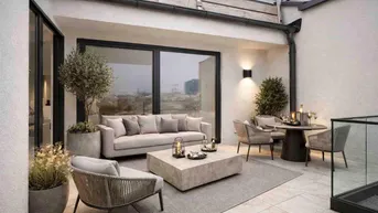 Elegante Dachterrasse mit bequemen Loungemöbeln, Esstisch und Blick auf die Stadt.