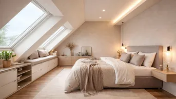 Helles Schlafzimmer im Dachgeschoss mit großen Dachfenstern, Holzboden und gemütlicher Einrichtung.