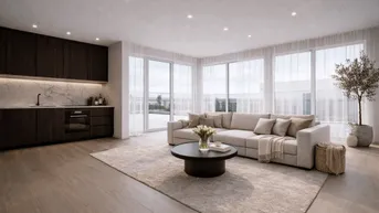 Modernes, offenes Wohnzimmer mit integrierter Küche, großen Fenstern und hellem Interieur.
