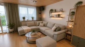 Gemütliches Wohnzimmer mit großem Ecksofa, Holzbalkendecke und Zugang zum Balkon.