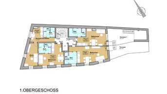 Grundriss des ersten Obergeschosses mit mehreren Wohneinheiten, Terrassen und Aufzug.