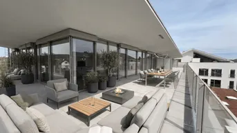 Großzügige Dachterrasse mit luxuriöser Lounge- und Essbereich, umgeben von moderner Architektur und weitem Blick.