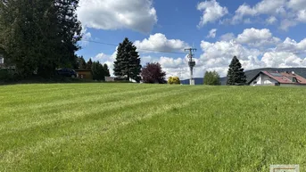 Weitläufige grüne Wiese mit Blick auf die umliegende Landschaft, Berge und ein Haus mit Solaranlage.