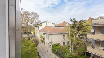 Blick von oben auf eine ruhige Wohnstraße mit Bäumen und umliegenden Gebäuden.