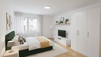 Helles Schlafzimmer mit Holzboden, großem Fenster und moderner Einrichtung.