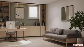 Modernes Wohnzimmer mit integriertem Arbeitsbereich, Holzmöbeln und bequemer Couch.