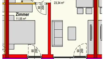 Grundriss einer Wohnung mit offener Wohnküche, einem Schlafzimmer, Bad und großer Terrasse.