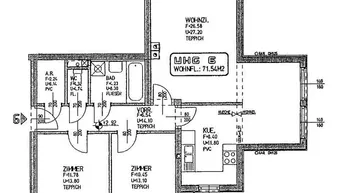 Grundriss einer Wohnung mit Wohnzimmer, Küche, zwei Schlafzimmern, Bad, separatem WC und Balkonen.