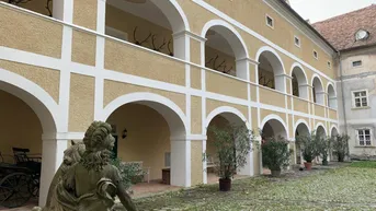 Historischer Innenhof mit Arkaden, Statuen und traditionellen Geweihen an den Wänden.