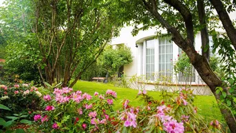 Gepflegter Garten mit blühenden Rhododendren und Blick auf die Hausfassade mit großen Fenstern.