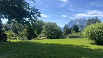 Grüner Garten mit Rasenfläche und Bergblick unter blauem Himmel an einem sonnigen Tag.