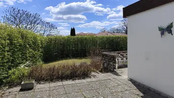 Gepflasterte Terrasse mit angrenzendem Rasen und hoher Hecke unter blauem Himmel.